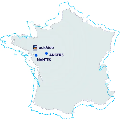 Carte de France représentant la locations des bureaux de Ouiddoo. Nantes et Angers